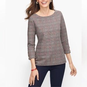 Talbots Plaid Houndstooth Print Pearl Cuff Top Blouse Sz XLP